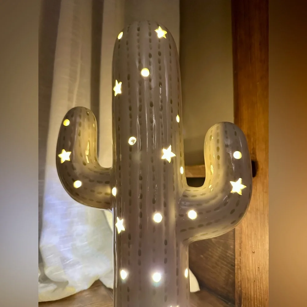 15” Light-Up Corded Ceramic Cactus Lamp in Cream/Sage Green - Picture 12 of 15